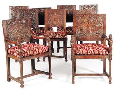 Suite de trois fauteuils et six chaises en...