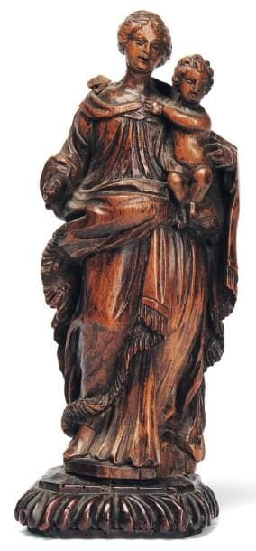Vierge à l'Enfant en bois sculpté. socle...