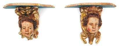 Paire de consoles en bois de résineux sculpté,...