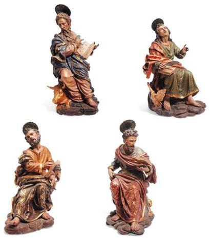 Suite des quatre Evangélistes en bois polychromé,...