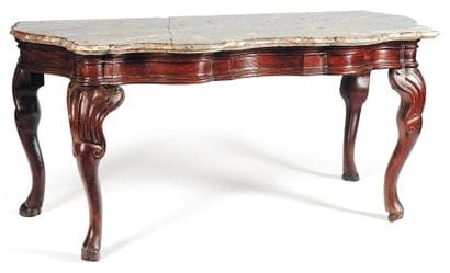 Table console en noyer teinté de forme mouvementée,...