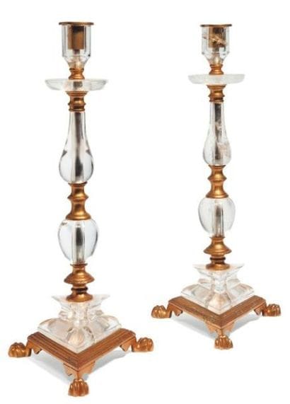 Paire de bougeoirs en bronze et cristal de...