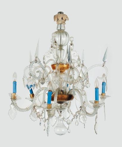 Lustre en verre taillé et verre doré à six...