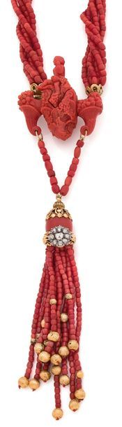 COLLIER DE 6 RANGS DE PERLES TONNEAU en corail,...