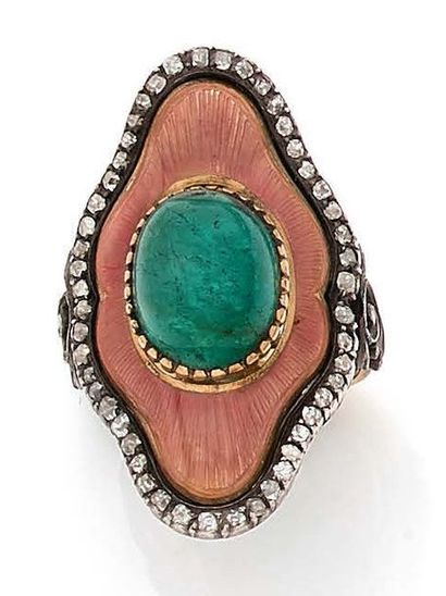 BAGUE en argent et en or 18K (750), ornée...