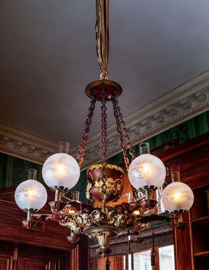 LUSTRE A HUILE EN BRONZE ET MÉTAL REPATINÉS...