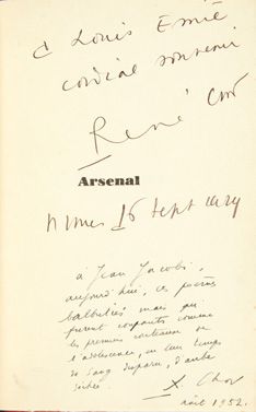 René CHAR.
Arsenal. Avec un frontispice par...