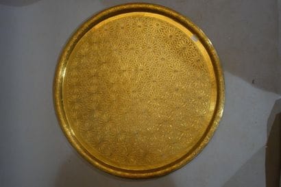 Very important copper cicular tray with tapestry...