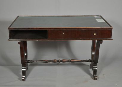 Large blackened oak desk, with three drawers...