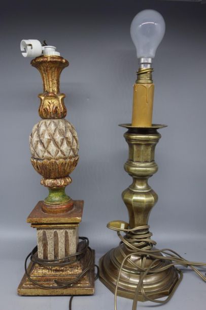 2 lamp bases, one in polychrome wood, the...