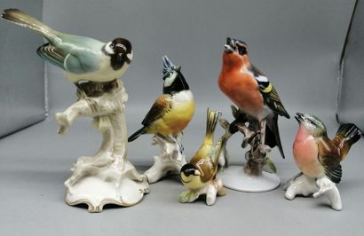 5 BIRDS in German porcelain. Splinters.