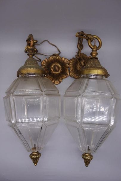Pair of vestibule LANTERNS, gilt bronze ...