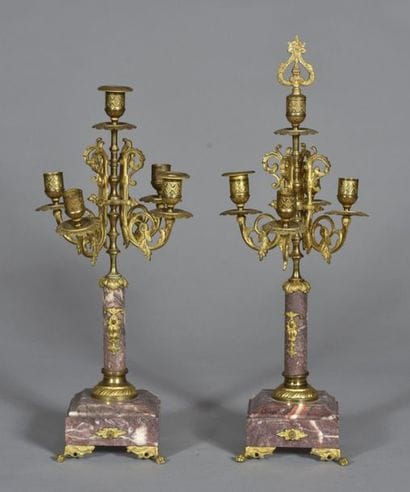Pair of purple marble and gilt bronze candelabra...
