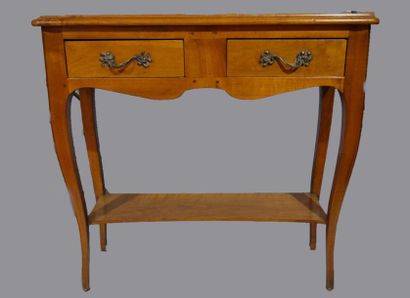 Natural wood console, dark leather top, two...