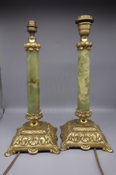 Beautiful pair of onyx column lamps, the...