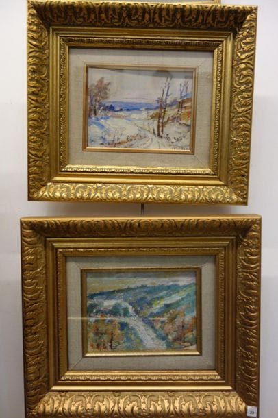 Paysages enneigés, huiles sur carton en pendant,...