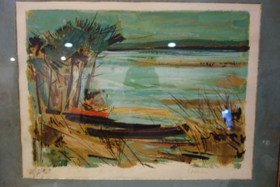 Lithographie, paysage à l'étang, signé Lavvieu....