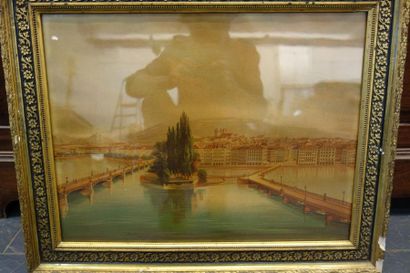 Chromolithographie, à décor d'une ville des...