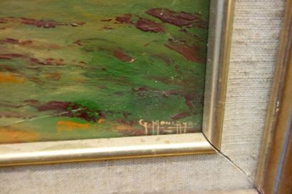Huile sur toile figurant un paysage animé,...