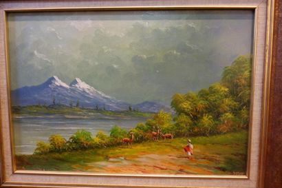 Huile sur toile figurant un paysage animé,...