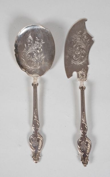 Service à gâteau, pelle et cuillère en argent...