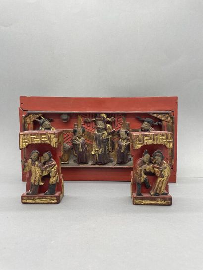 Three small Ningbo woods, red and polychrome...