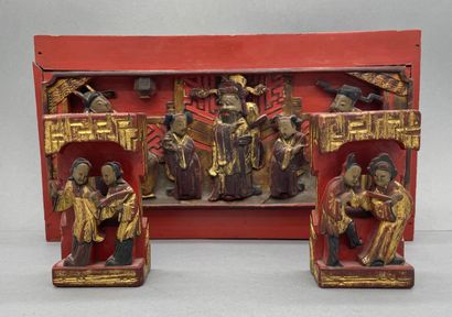 Three small Ningbo woods, red and polychrome...