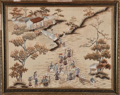 Cream silk panel embroidered with polychrome...