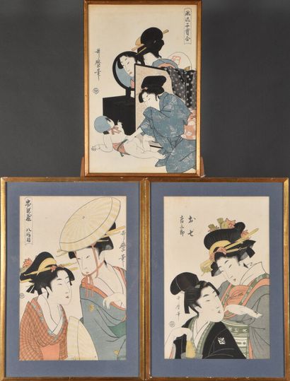 Three copies of prints by Utamaro, busted...