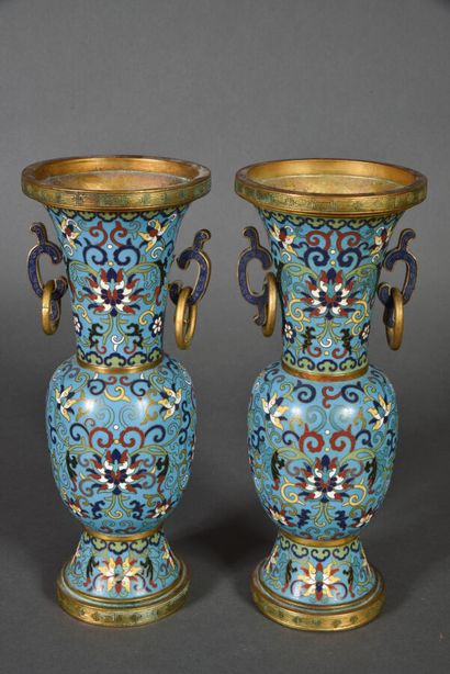 A pair of gilt copper and polychrome cloisonné...