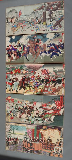 JAPANESE ESTAMPS - FIVE triptychs of Rekishi-ga...