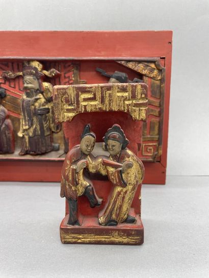 Three small Ningbo woods, red and polychrome...