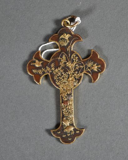 Cross in shakudô, with gilded takazogan decoration,...