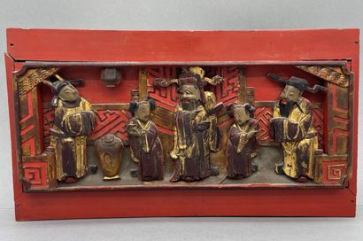Three small Ningbo woods, red and polychrome...