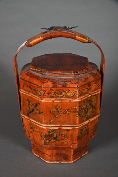 Three-tiered bamboo picnic basket, octagonal...