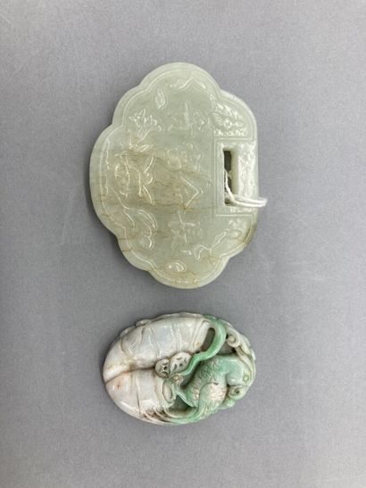 Two jade objects, one in white jadeite veined...