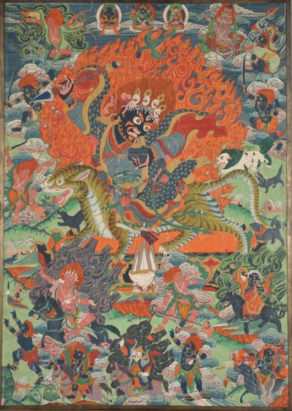 Thangka in polychrome on canvas, representing...