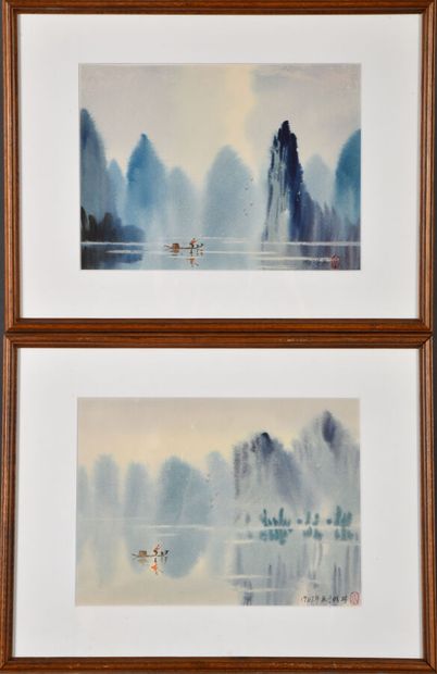 Pair of watercolors on paper depicting landscapes...