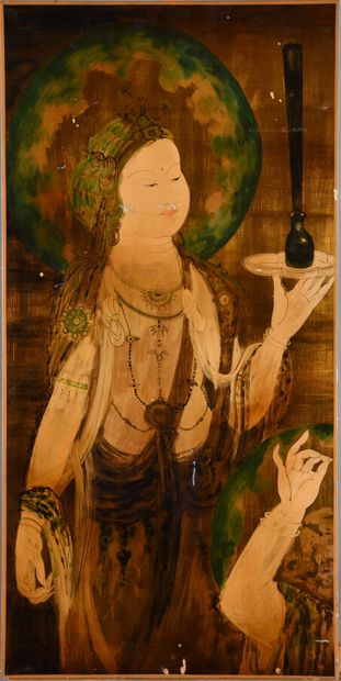 Lacquered wood panel with gold background...