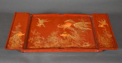Red lacquered wooden tray with gold lacquered...