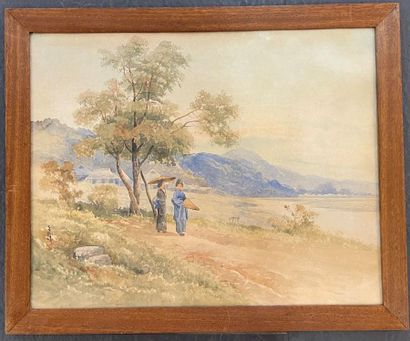 Watercolor on paper depicting two young women...