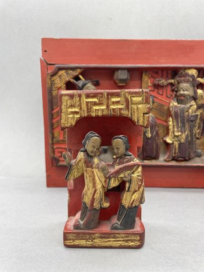Three small Ningbo woods, red and polychrome...