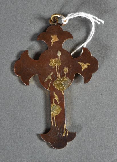 Cross in shakudô, with gilded takazogan decoration,...