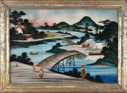 Painting fixed under glass depicting a landscape...