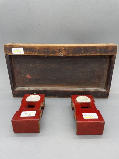 Three small Ningbo woods, red and polychrome...