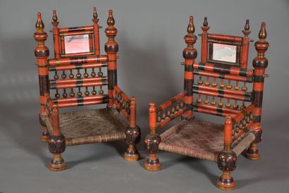 Pair of low ceremonial armchairs, in red...