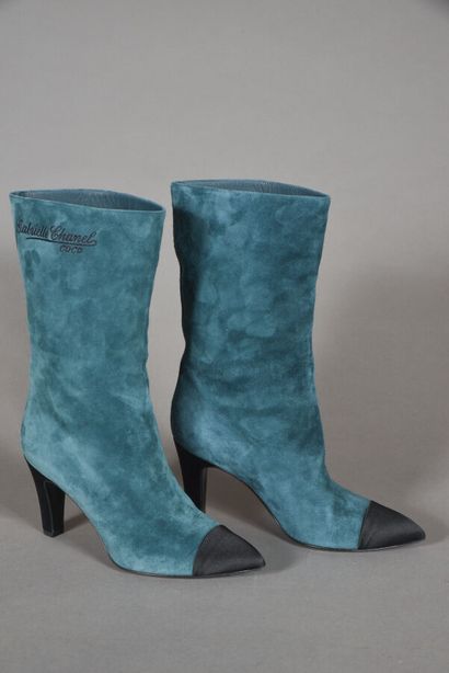 CHANEL. Pair of green turquoise suede ankle...