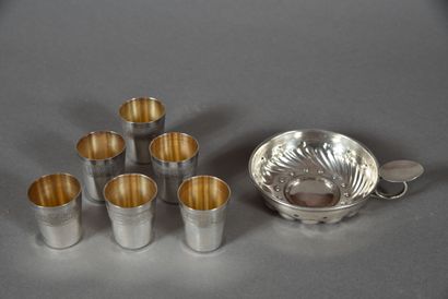 Six conical liquor goblets with frieze decoration,...