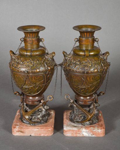 Pair of antique patinated regula vases of...