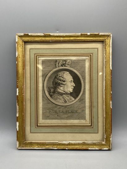 Profile portrait of P. DE LA PLACE in a medallion.black...